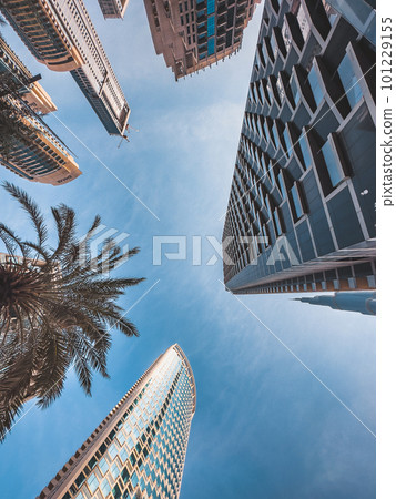 Below Skyscrapers view in Downtown Dubai, business and finance district, UAE Below Skyscrapers view in Downtown Dubai, business and finance district, UAE 101229155