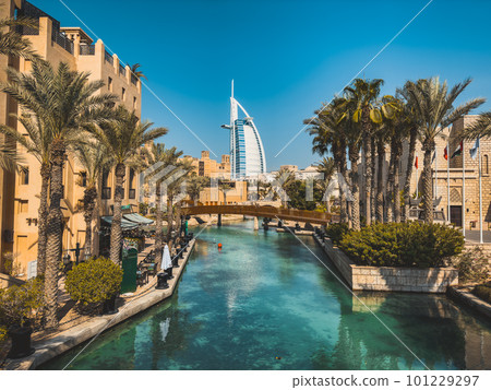 View of Burj Al Arab from Souk Madinat Jumeirah in Dubai, traditional arabian bazaar market, UAE 101229297