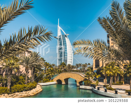View of Burj Al Arab from Souk Madinat Jumeirah in Dubai, traditional arabian bazaar market, UAE 101229388