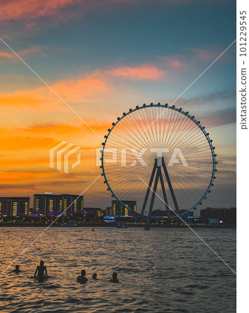 View of Marina JBR beach and the Ain Dubai Giant ferris Wheel in Meraas Dubai, United Arab Emirates View of Marina JBR beach and the Ain Dubai Giant ferris Wheel in Meraas Dubai, United Arab Emirates 101229545