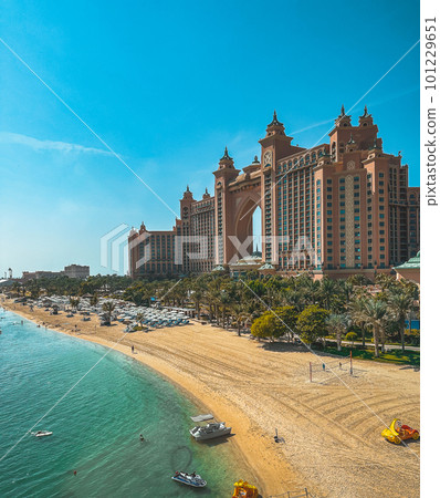 View from the promenade and tram monorail in The Palm Jumeirah island in Dubai, UAE View from the promenade and tram monorail in The Palm Jumeirah island in Dubai, UAE 101229651