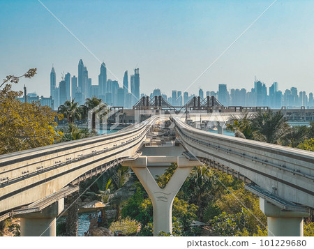 View from the promenade and tram monorail in The Palm Jumeirah island in Dubai, UAE 101229680