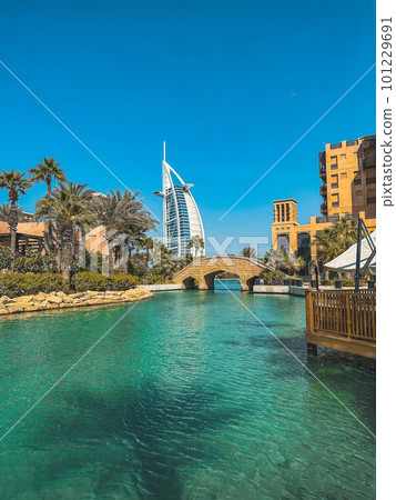 View of Burj Al Arab from Souk Madinat Jumeirah in Dubai, traditional arabian bazaar market, UAE View of Burj Al Arab from Souk Madinat Jumeirah in Dubai, traditional arabian bazaar market, UAE 101229691
