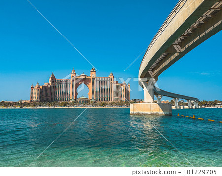 View from the promenade and tram monorail in The Palm Jumeirah island in Dubai, UAE 101229705