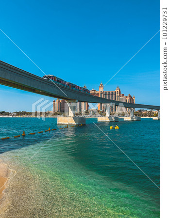 View from the promenade and tram monorail in The Palm Jumeirah island in Dubai, UAE 101229731