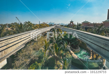View from the promenade and tram monorail in The Palm Jumeirah island in Dubai, UAE View from the promenade and tram monorail in The Palm Jumeirah island in Dubai, UAE 101229733