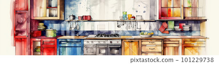 modern kitchen furniture front view, concept watecolor banner illustration isolated on white, AI generative image 101229738