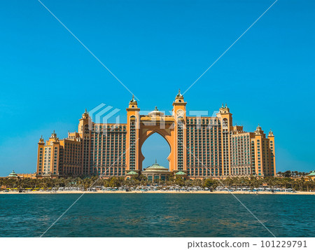 View from the promenade and tram monorail in The Palm Jumeirah island in Dubai, UAE 101229791