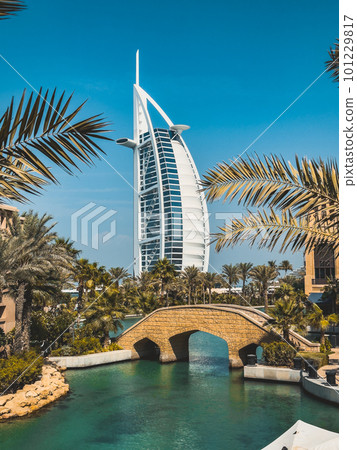 View of Burj Al Arab from Souk Madinat Jumeirah in Dubai, traditional arabian bazaar market, UAE View of Burj Al Arab from Souk Madinat Jumeirah in Dubai, traditional arabian bazaar market, UAE 101229817