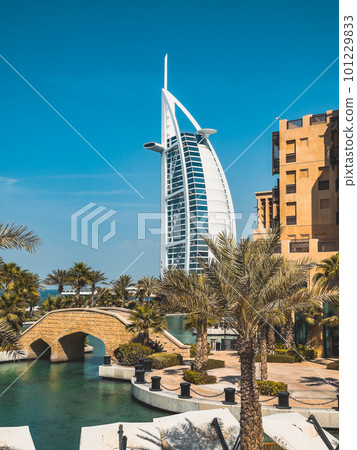 View of Burj Al Arab from Souk Madinat Jumeirah in Dubai, traditional arabian bazaar market, UAE 101229833