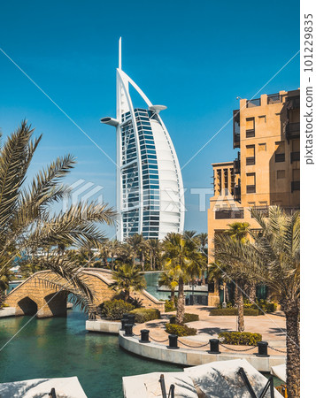 View of Burj Al Arab from Souk Madinat Jumeirah in Dubai, traditional arabian bazaar market, UAE View of Burj Al Arab from Souk Madinat Jumeirah in Dubai, traditional arabian bazaar market, UAE 101229835