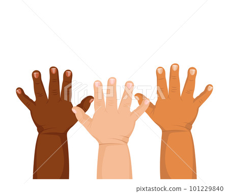Children's hands of different skin colors on a white background. Toddler hands. Illustration, vector Children's hands of different skin colors on a white background. Toddler hands. Illustration, vector 101229840