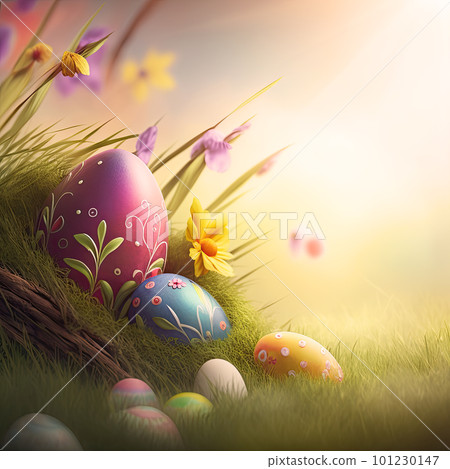 Colorful Easter eggs background, Generative AI 101230147