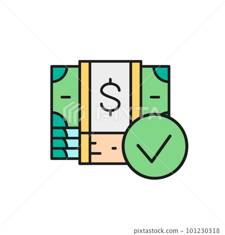Money banknotes with check mark, credit approved color lineal icon. Cash payment, paper bill, dollar symbol design. Money banknotes with check mark, credit approved color lineal icon. Cash payment, paper bill, dollar symbol design. 101230318