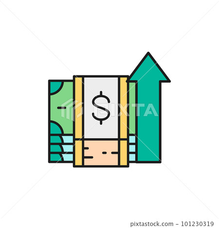 Money banknotes with up arrow, money interest rate increase color lineal icon. Cash payment, paper bill, dollar symbol design. Money banknotes with up arrow, money interest rate increase color lineal icon. Cash payment, paper bill, dollar symbol design. 101230319