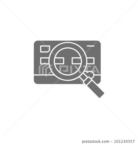 Credit card with magnifying glass, payment search, credit card and loupe grey fill icon. Shopping, online banking, finance symbol design. 101230357