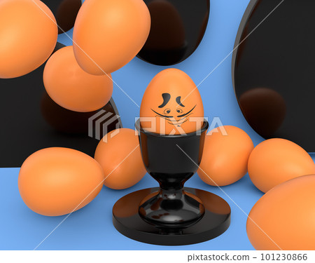 Farm brown egg with funny face in ceramic egg cup and scattered eggs Farm brown egg with funny face in ceramic egg cup and scattered eggs 101230866