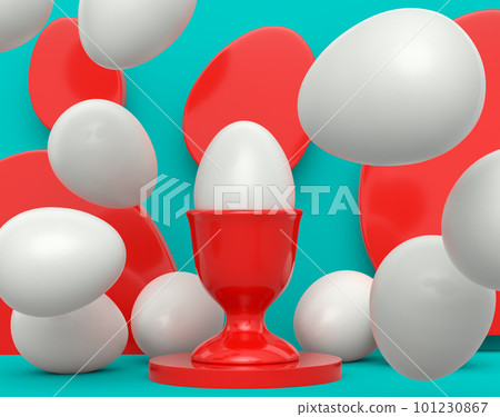 Farm white egg in ceramic egg cup and scattered eggs on green background Farm white egg in ceramic egg cup and scattered eggs on green background 101230867