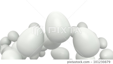 Group of flying farm raw organic white chicken eggs flying on white background 101230879
