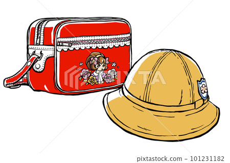 A yellow school hat with an emblem and a red school bag with a retro girl's illustration brush-painted and matte-painted 101231182
