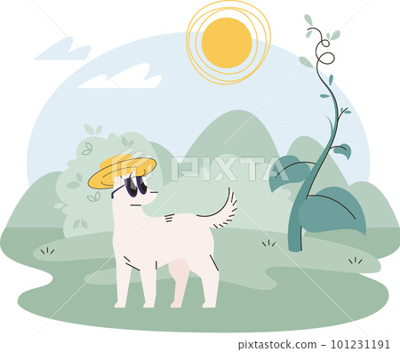 Dog in sunglasses sitting on green grass, pet hides eyes from bright rays, global warming concept Dog in sunglasses sitting on green grass, pet hides eyes from bright rays, global warming concept 101231191