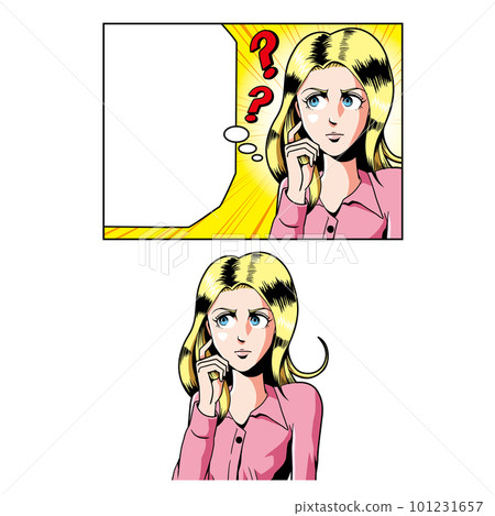 Caucasian woman thinking about American comic touch 101231657