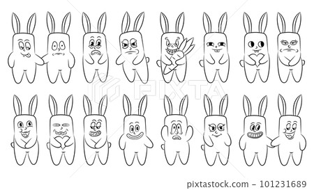 Collection of retro characters hares hippie stickers comic style. set of cartoon rabbits with different cheerful emotions. Funny character mascot sticker. vector illustration Collection of retro characters hares hippie stickers comic style. set of cartoon rabbits with different cheerful emotions. Funny character mascot sticker. vector illustration 101231689