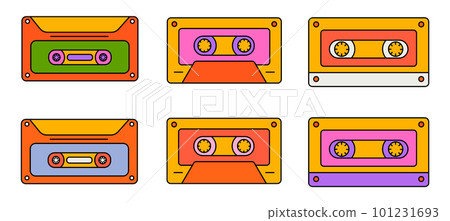 Set of trendy hipster retro music elements. Collection stickers of groovy retrowave clipart. Collage with trend pop vibe with funky design element. background sticker emblem of cartoon vector Set of trendy hipster retro music elements. Collection stickers of groovy retrowave clipart. Collage with trend pop vibe with funky design element. background sticker emblem of cartoon vector 101231693