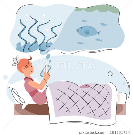 Little girl sitting on bed with tablet and watching cartoon. Kid s dependence on smartphone 101231734