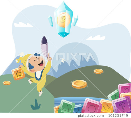 Play to earn video game with cute kid character trying to find money and make cryptocurrencies 101231749