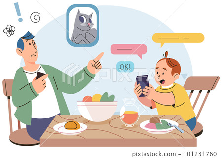 Little boy using tablet, child watching smartphone while eating at kitchen, internet addiction Little boy using tablet, child watching smartphone while eating at kitchen, internet addiction 101231760