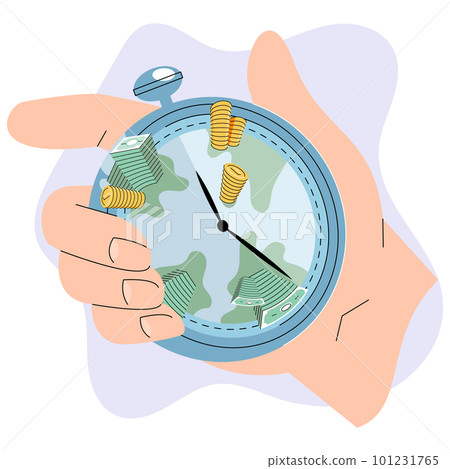 Time is money concept with coins stack and stopwatch in human hand. Quick loan. Timer and finance 101231765