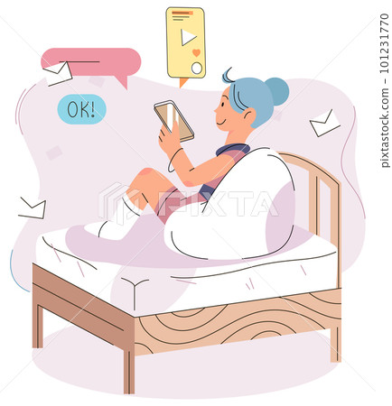 Girl in bed looks at phone, cannot sleep. Smartphone addiction prevents girl from falling asleep Girl in bed looks at phone, cannot sleep. Smartphone addiction prevents girl from falling asleep 101231770