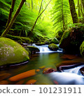Picturesque scenery of waterfall flowing through rough rocky mountains covered with green moss. AI generated 101231911