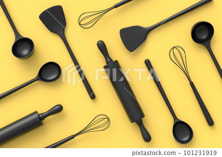 Wooden kitchen utensils, tools and equipment on monochrome background. 101231919