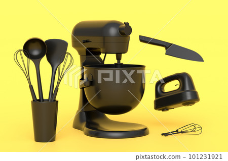 Mixer and hand mixer with kitchen utensil for preparation of dough on monochrome 101231921