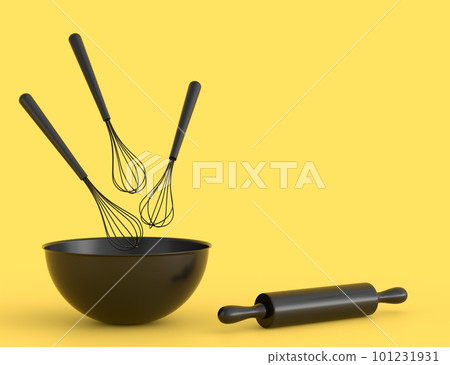 Metal bowl with kitchen utensil preparation of dough on monochrome background Metal bowl with kitchen utensil preparation of dough on monochrome background 101231931
