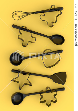 Set of metal cookie cutters and wooden kitchen utensils on monochrome background 101231933