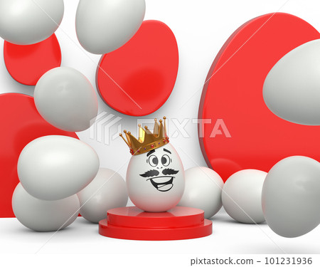 Unique white egg in gold crown on podium with funny faceand scattered black eggs 101231936