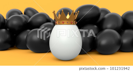 Crowd of farm black chicken eggs and unique white egg in gold royal king crown 101231942