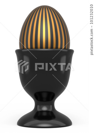 Easter egg with gold and black pattern in egg cup isolated on white background 101232010
