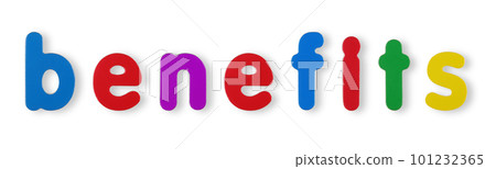 benefits coloured magnetic letters on white with clipping path 101232365