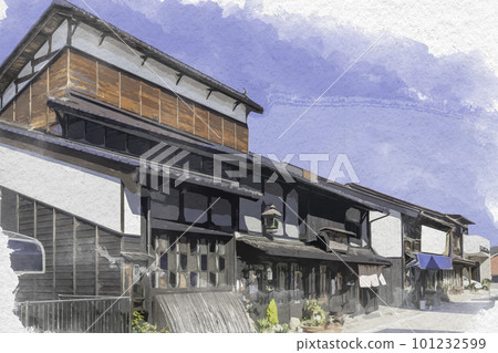 水彩風格 Miyoshikimichi 石板路面街道棉兔廣島縣三好市 101232599