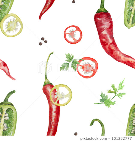 Red chili peppers and green jalapeno pattern isolated on white background hand drawn in watercolor 101232777
