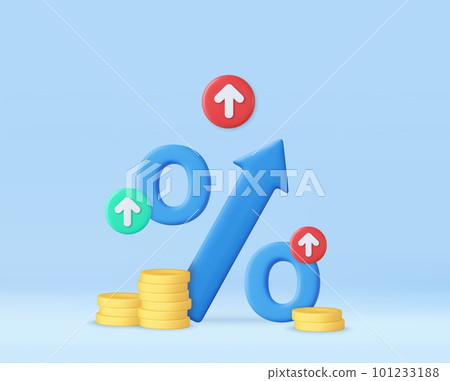 3D blue arrow percent with stack coin. 101233188