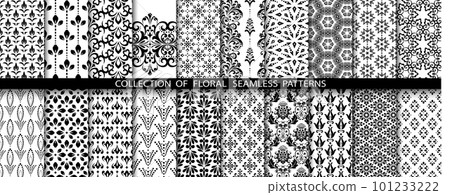 Geometric floral set of seamless patterns. White and black vector backgrounds. Damask graphic ornaments. 101233222