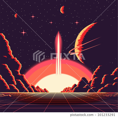 Landscape with mountains and sci-fi castle on far planet. Retro futuristic sunrise in 80s atomic era style. 101233291
