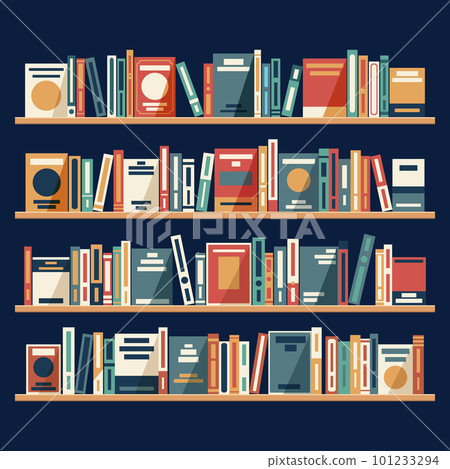 Shelves with colorful books in flat design style. Wooden bookshelves with books. School archive and bookshop, bookcase and bookshelf 101233294