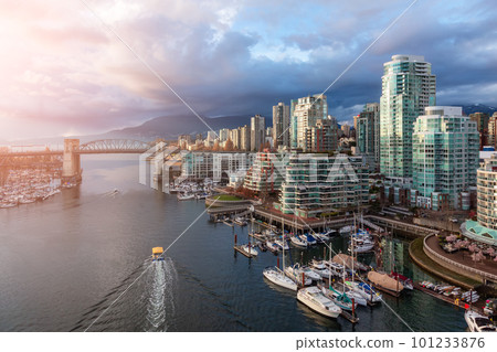 Aerial View of Granville Island in False Creek with modern city 101233876