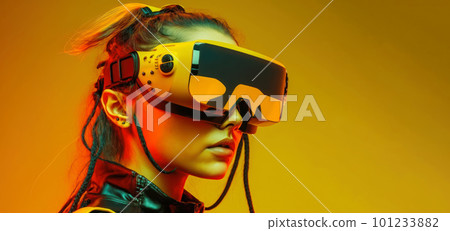 Side view of a young people put on VR glasses isolated over yellow background. Side view of a young people put on VR glasses isolated over yellow background. 101233882